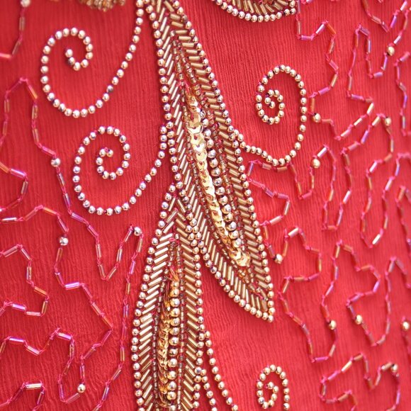 Vintage 80's Red and Gold Beaded Silk Top w/Shoulder Pads Size 12 - Picture 4 of 16